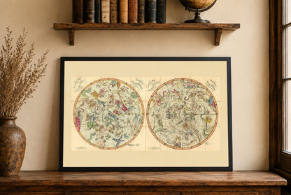 Plakat z Mapą Gwiazdozbiorów Nieba (1820) – Vintage Mapa Nieba Półkuli Północnej i Południowej