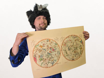 Plakat z Mapą Gwiazdozbiorów Nieba (1820) – Vintage Mapa Nieba Półkuli Północnej i Południowej