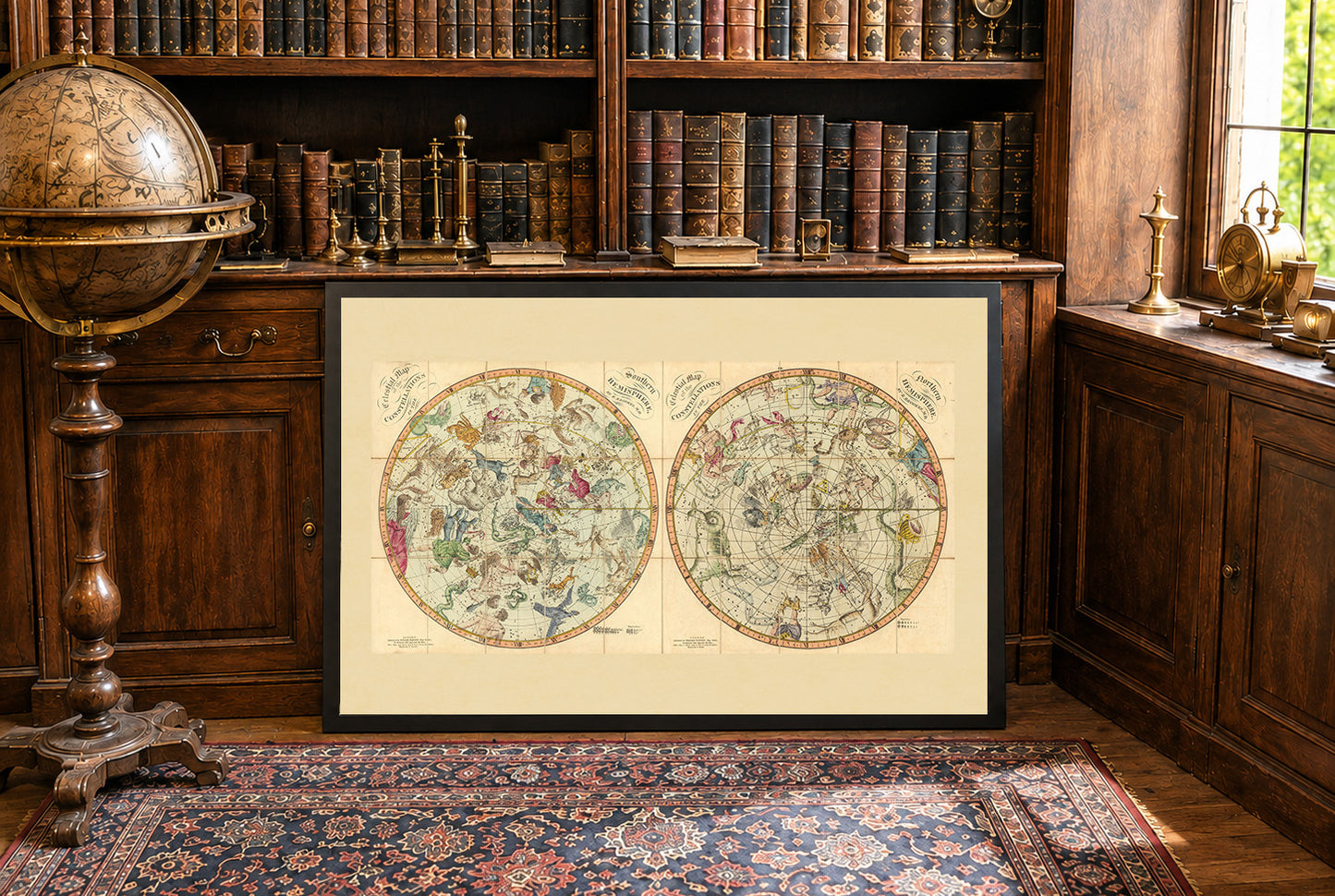 Plakat z Mapą Gwiazdozbiorów Nieba (1820) – Vintage Mapa Nieba Półkuli Północnej i Południowej