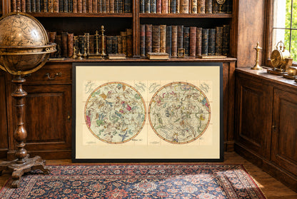 Plakat z Mapą Gwiazdozbiorów Nieba (1820) – Vintage Mapa Nieba Półkuli Północnej i Południowej