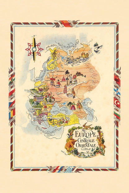 Central & Eastern Europe Illustrated Map - Vintage Pictorial Map with Cities and Wildlife