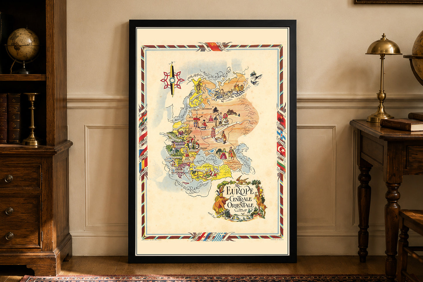 Mapa ilustrowana Europy Środkowej i Wschodniej - zabytkowa mapa obrazkowa z miastami i fauną