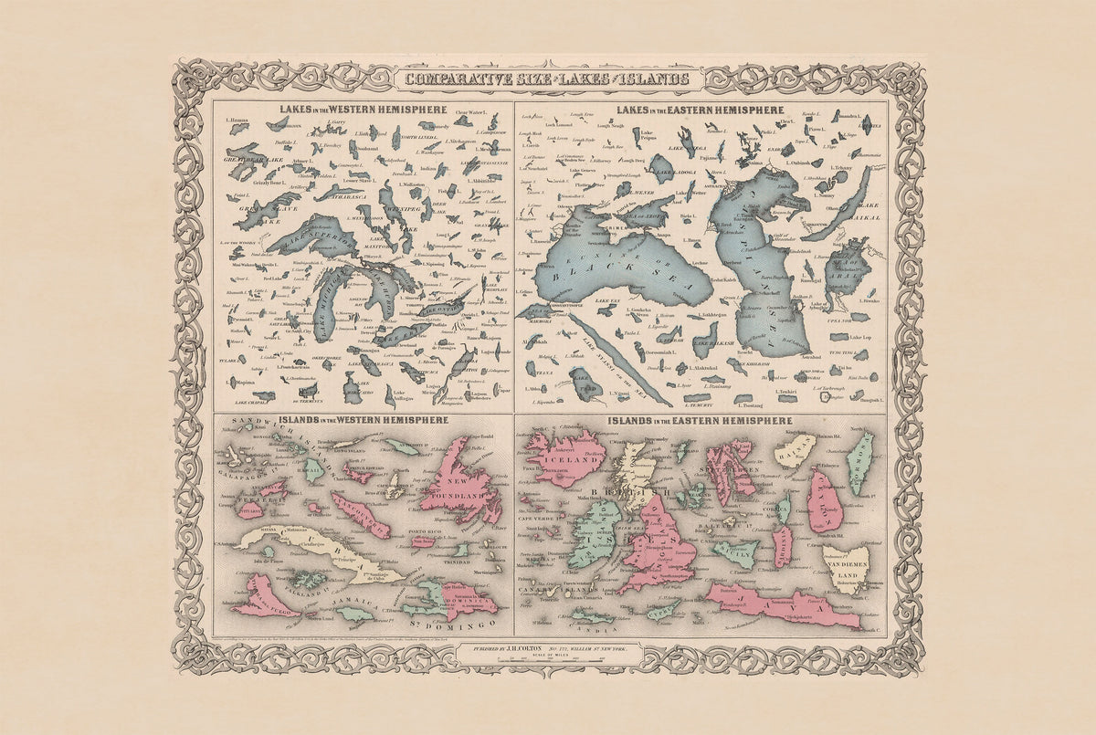 Porównanie Wielkości Jezior i Wysp 1855 - G.W. Colton - Plakat z Mapą