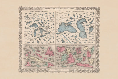 Porównanie Wielkości Jezior i Wysp 1855 - G.W. Colton - Plakat z Mapą