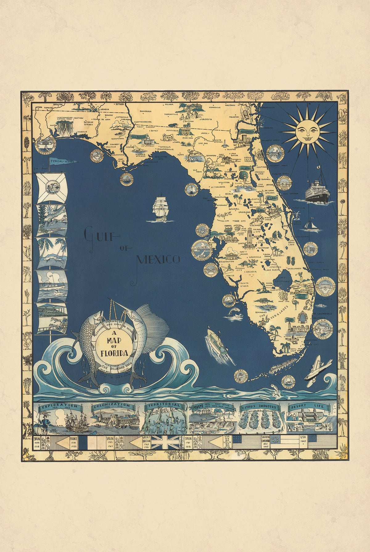 Floryda 1935 - Sunshine State - Eleanore i Richard Foster - Ilustrowany Plakat z Mapą