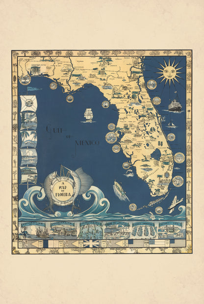 Floryda 1935 - Sunshine State - Eleanore i Richard Foster - Ilustrowany Plakat z Mapą