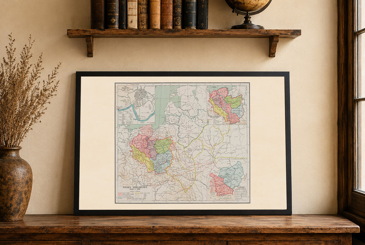 Polska Dzielnicowa ok. 1250 - Rozbicie Dzielnicowe - Władysław Semkowicz 1932 - Plakat z Mapą