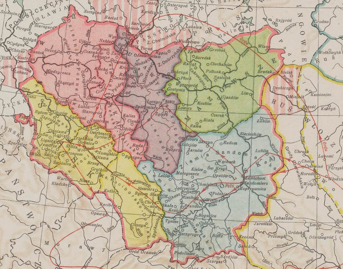 Polska Dzielnicowa ok. 1250 - Rozbicie Dzielnicowe - Władysław Semkowicz 1932 - Plakat z Mapą