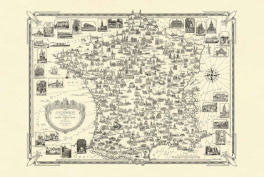 France Pictorial Map Poster (1935) - Vintage French Landmarks Wall Art