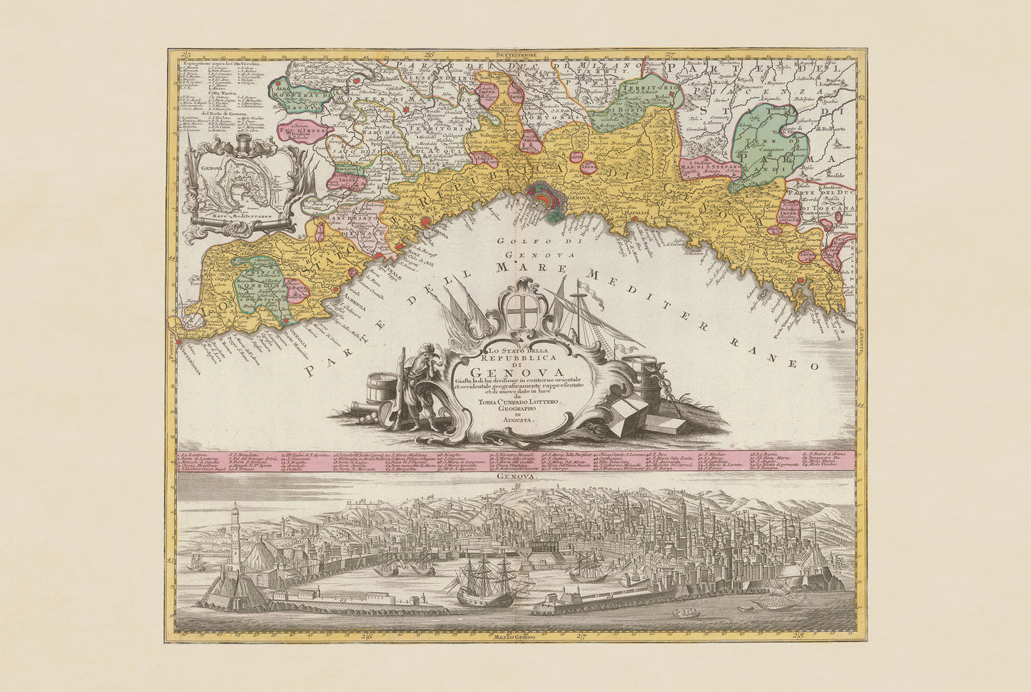 Plakat z Mapą Miasta Genui (1777) – Zabytkowa Panorama i Historyczna Dekoracja Ścienna Włoch