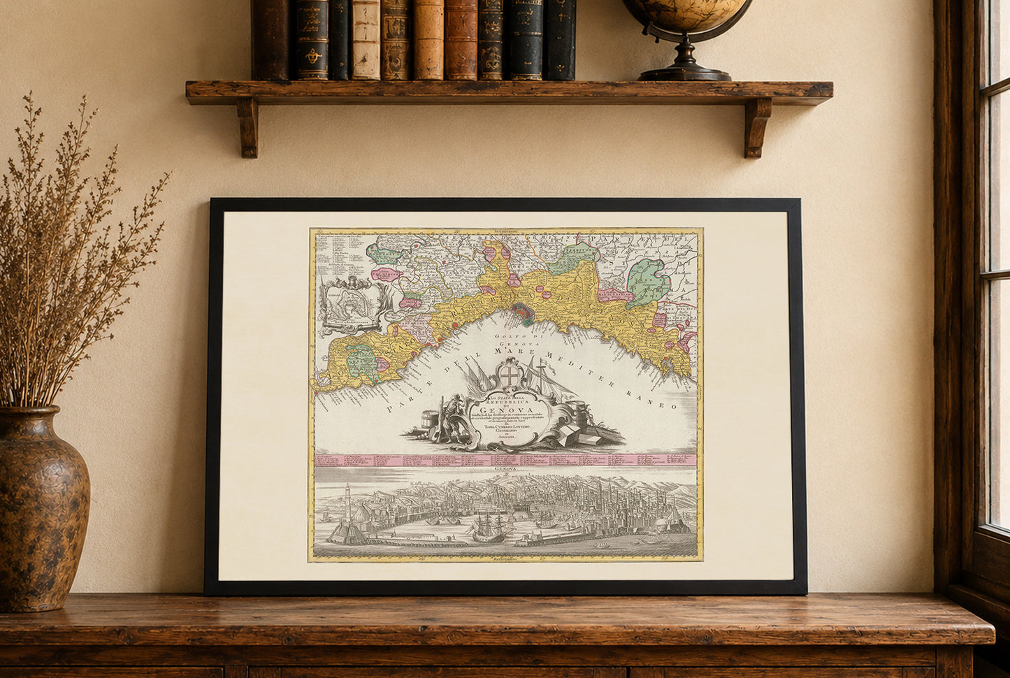 Plakat z Mapą Miasta Genui (1777) – Zabytkowa Panorama i Historyczna Dekoracja Ścienna Włoch