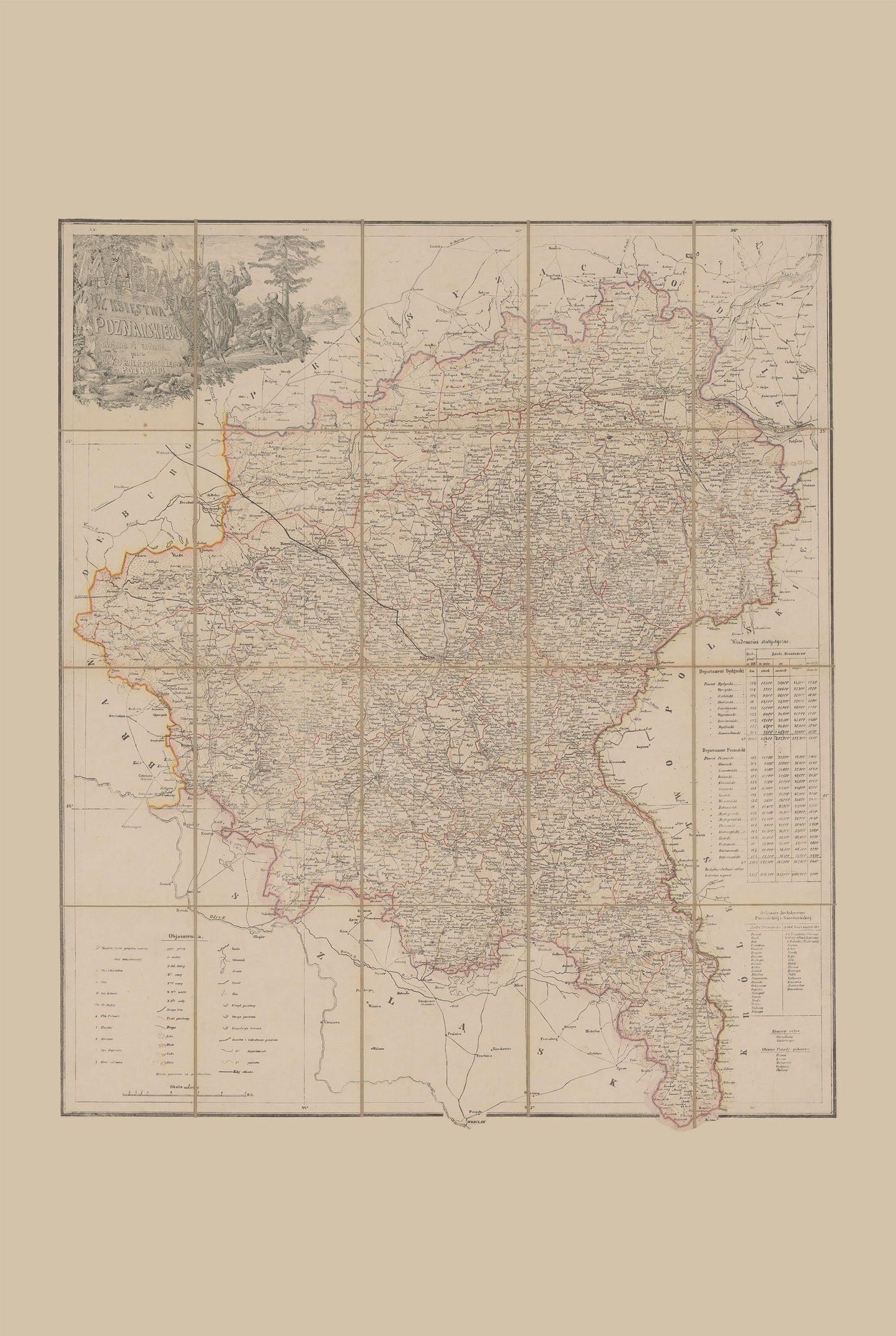 Plakat z Mapą Wielkiego Księstwa Poznańskiego (1843) - Vintage Mapa Historyczna Wielkopolski