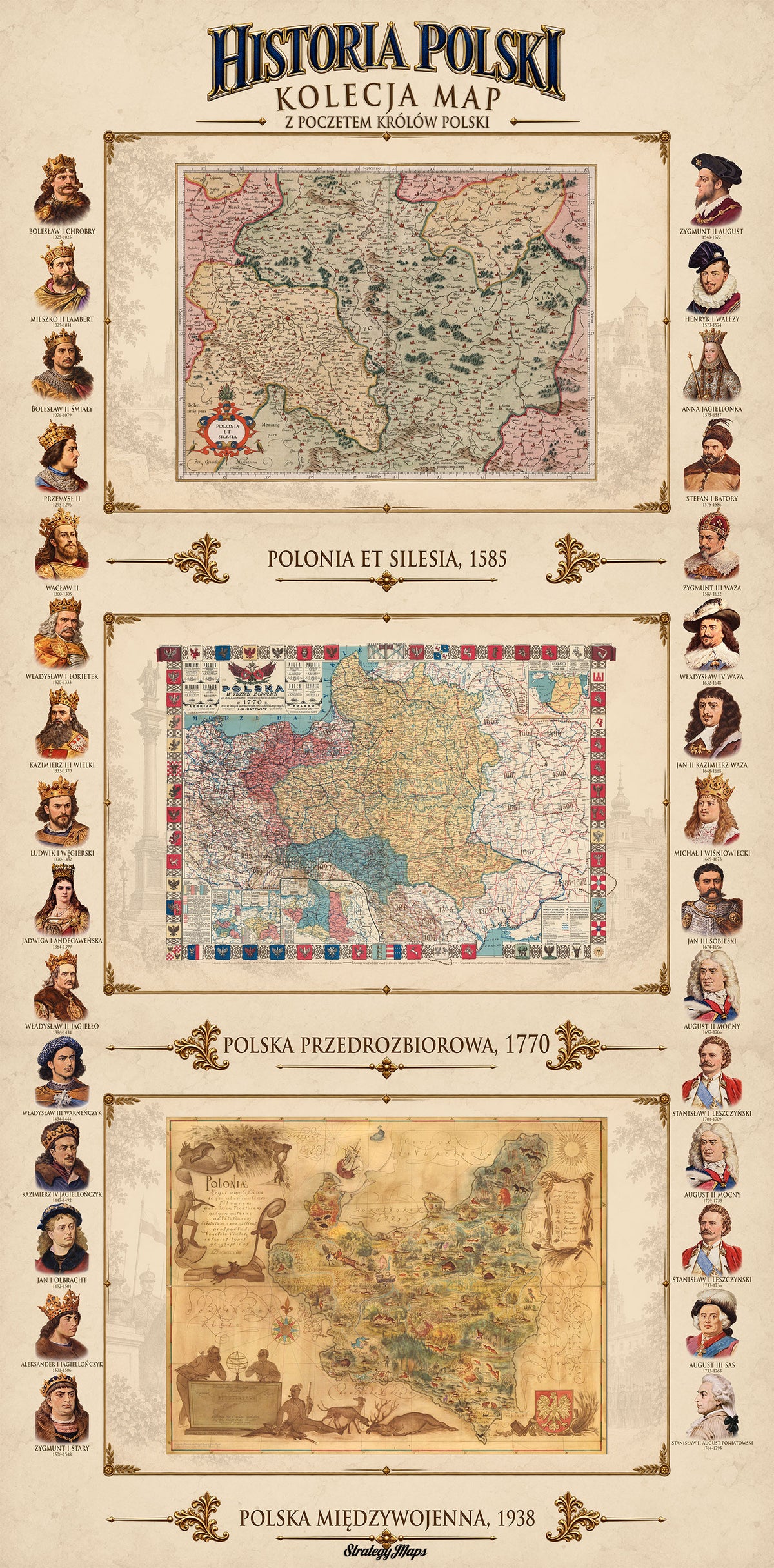 Historia Polski - Kolekcja 3 Historycznych Map i Poczet Królów Polski - Plakat