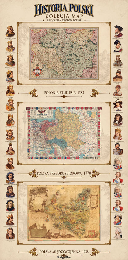Historia Polski - Kolekcja 3 Historycznych Map i Poczet Królów Polski - Plakat