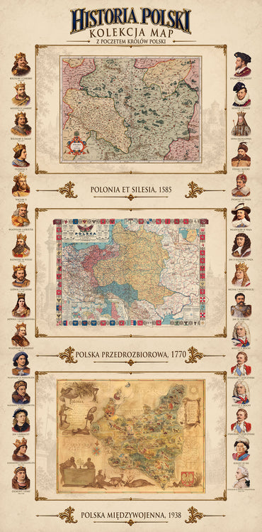 Histoire de la Pologne – Collection de 3 Cartes Historiques & Souverains Polonais – Affiche