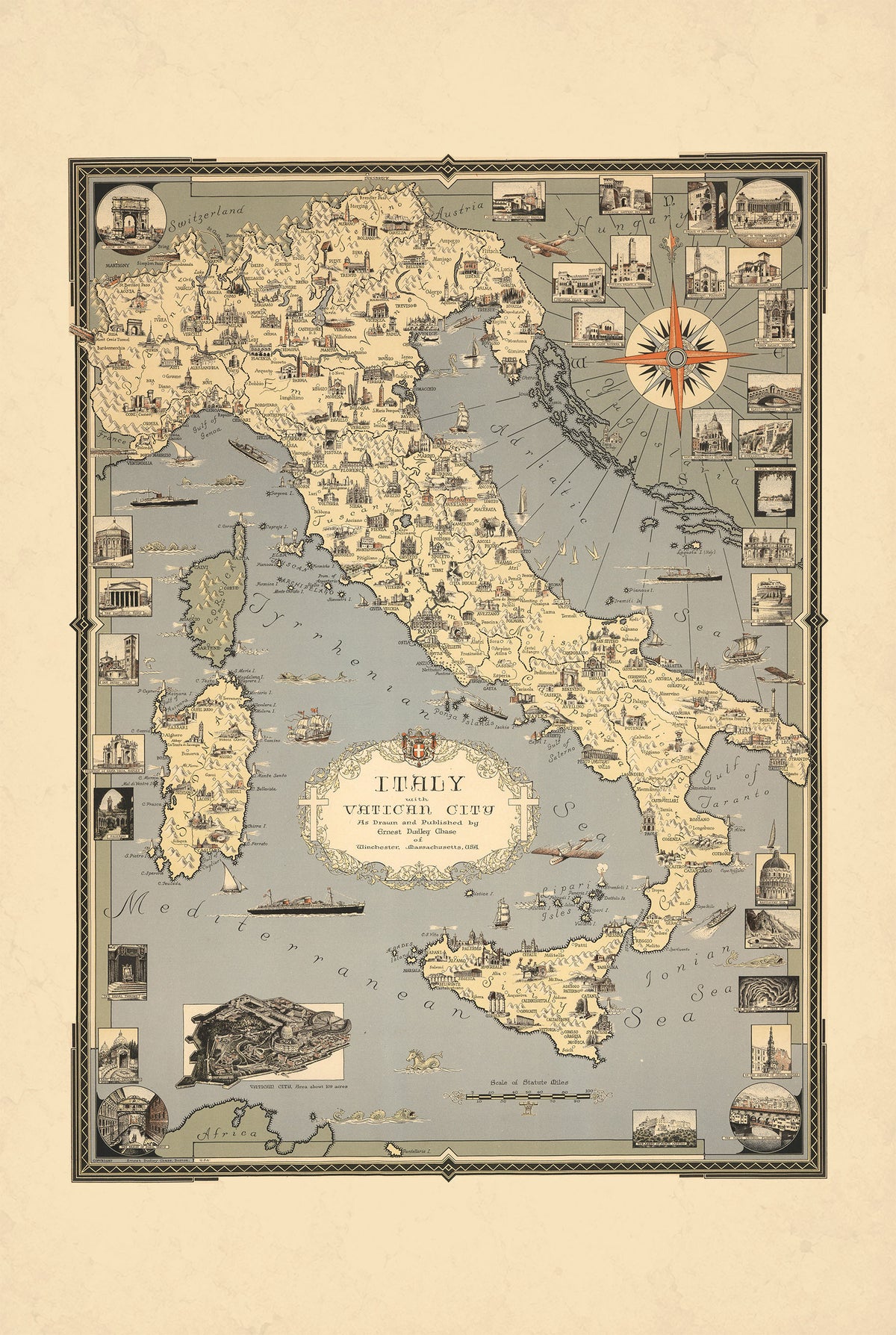 Włochy i Watykan 1935 - Ernest Dudley Chase - Ilustrowany Plakat z Mapą