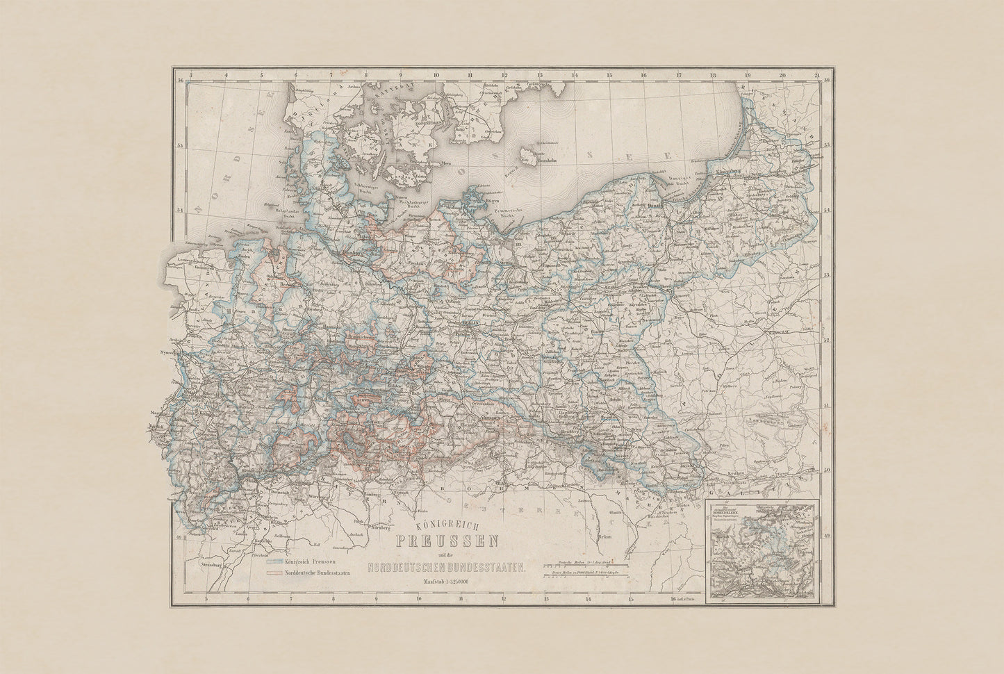 Plakat z Mapą Królestwa Prus (1871) - Zabytkowa Mapa Państw Północnoniemieckich