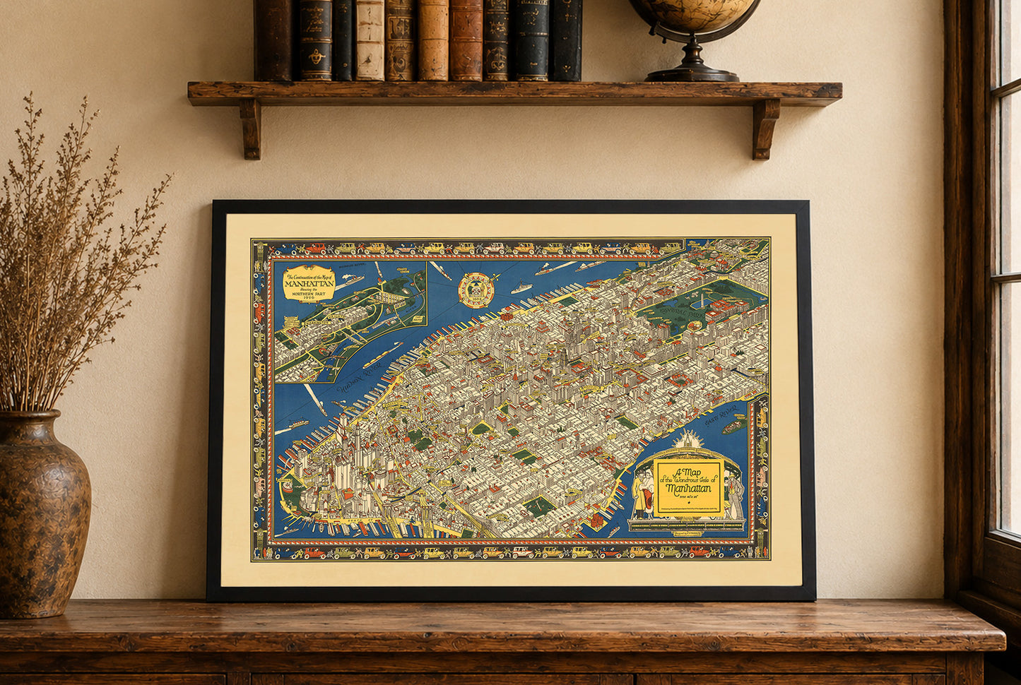 Plakat z Ilustrowaną Mapą Manhattanu (1926) – Vintage Dekoracja Ścienna Nowego Jorku