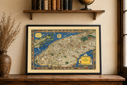 Plakat z Ilustrowaną Mapą Manhattanu (1926) – Vintage Dekoracja Ścienna Nowego Jorku