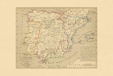 Hiszpania i Portugalia 1212-1492 - Rekonkwista - Houze 1844 - Historyczny Plakat z Mapą