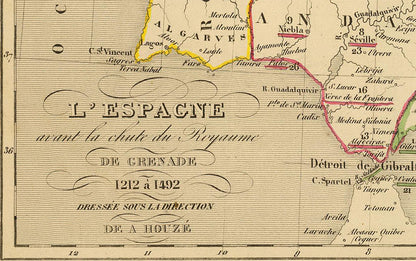 Espagne Médiévale 1212–1492 – Reconquista – Antoine Philippe Houze 1844 – Affiche Carte Historique