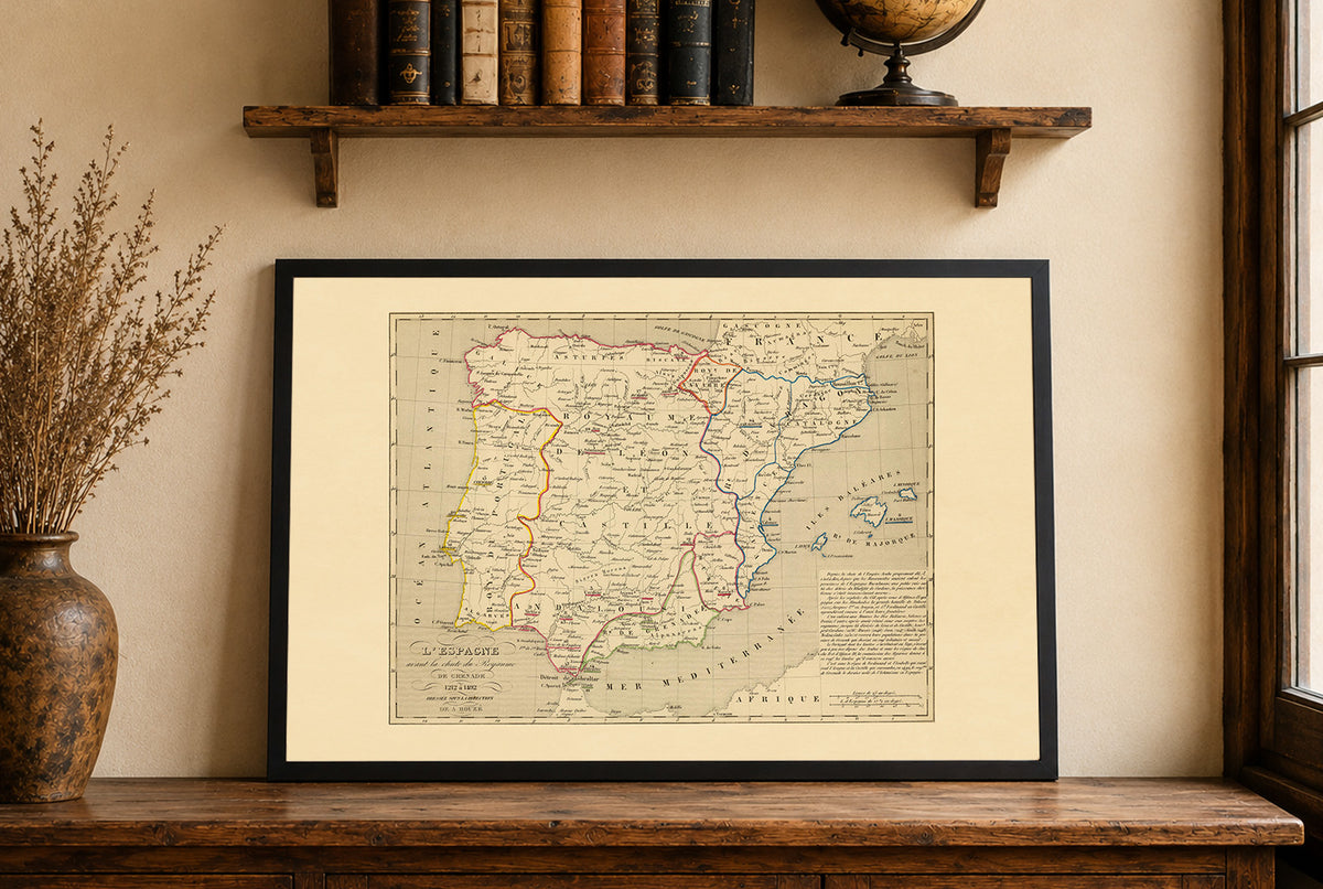 Espagne Médiévale 1212–1492 – Reconquista – Antoine Philippe Houze 1844 – Affiche Carte Historique