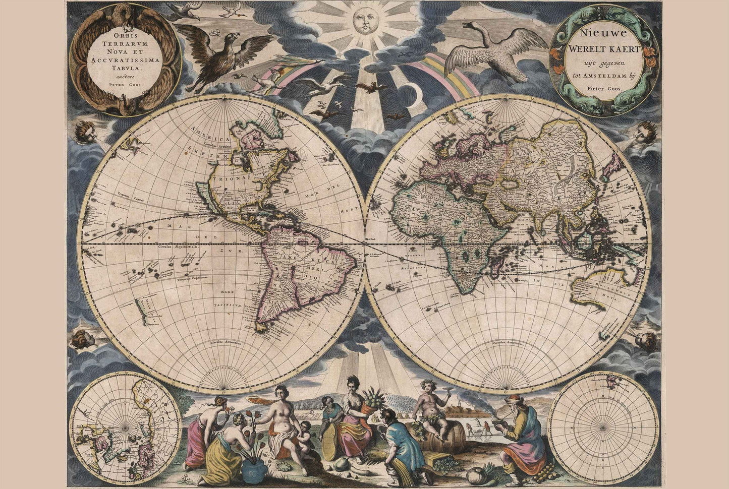 Pieter Goos 1667 World Map Poster - with Ornate Illustration and Atlas Style - Strategy Maps