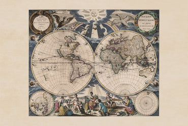 1667 Mapa świata Pietera Goosa - ze stylizowaną ilustracją i w stylu atlasu