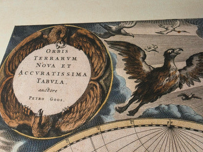1667 Mapa świata Pietera Goosa - ze stylizowaną ilustracją i w stylu atlasu