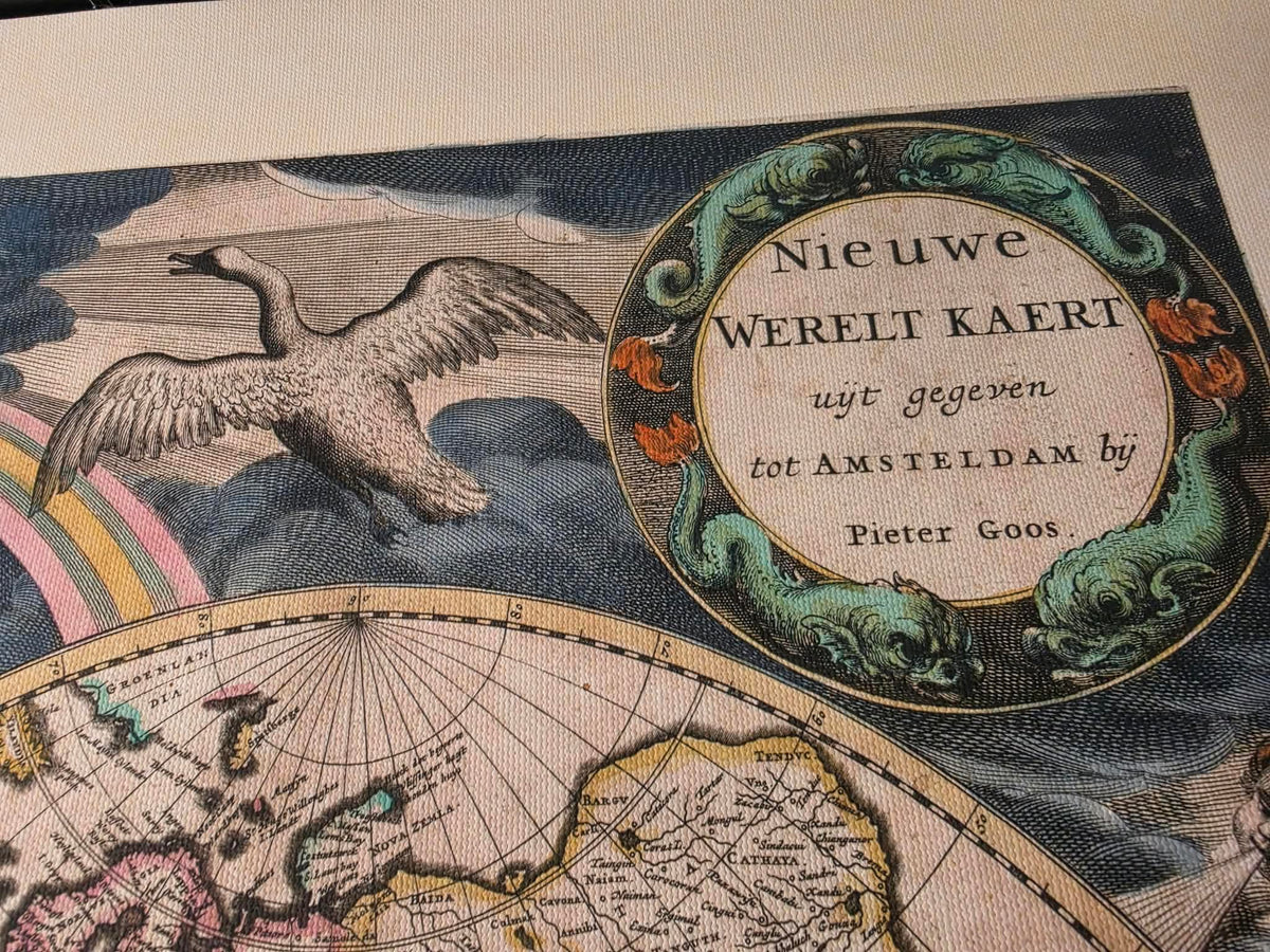 1667 Mapa świata Pietera Goosa - ze stylizowaną ilustracją i w stylu atlasu