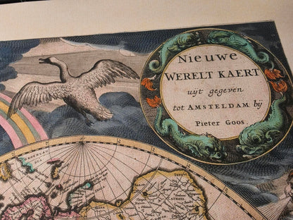 1667 Mapa świata Pietera Goosa - ze stylizowaną ilustracją i w stylu atlasu