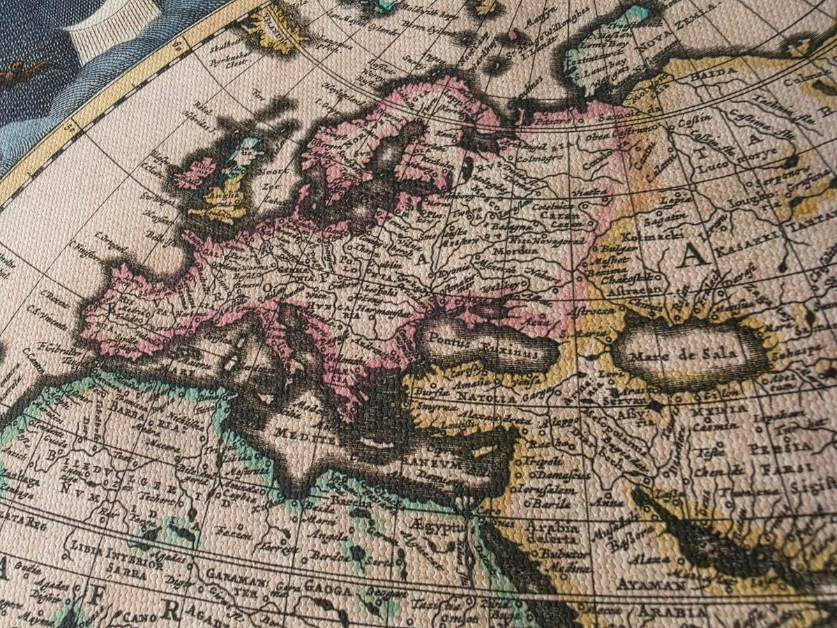 1667 Mapa świata Pietera Goosa - ze stylizowaną ilustracją i w stylu atlasu