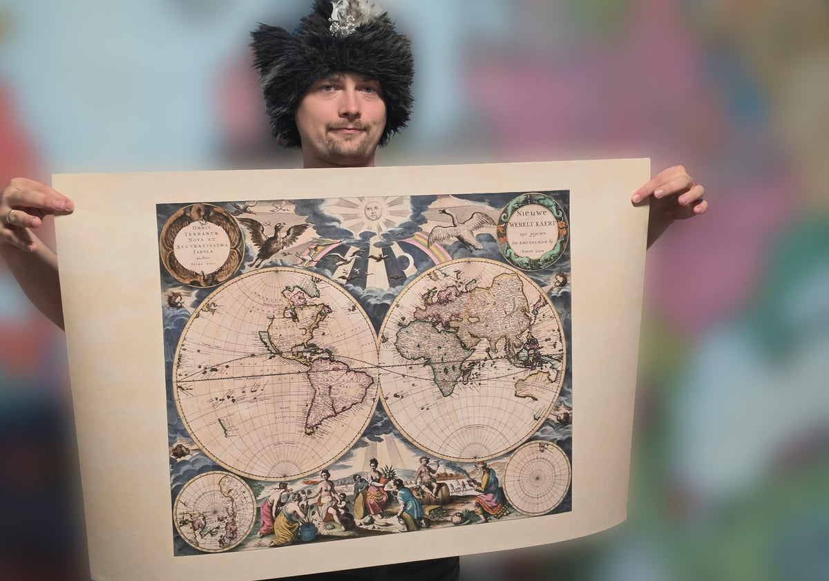 1667 Mapa świata Pietera Goosa - ze stylizowaną ilustracją i w stylu atlasu