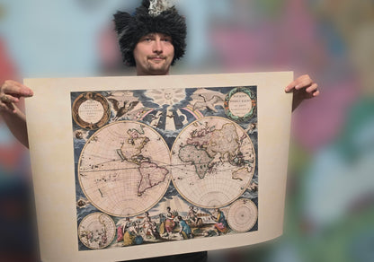 1667 Mapa świata Pietera Goosa - ze stylizowaną ilustracją i w stylu atlasu