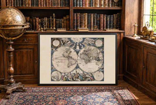1667 Mapa świata Pietera Goosa - ze stylizowaną ilustracją i w stylu atlasu