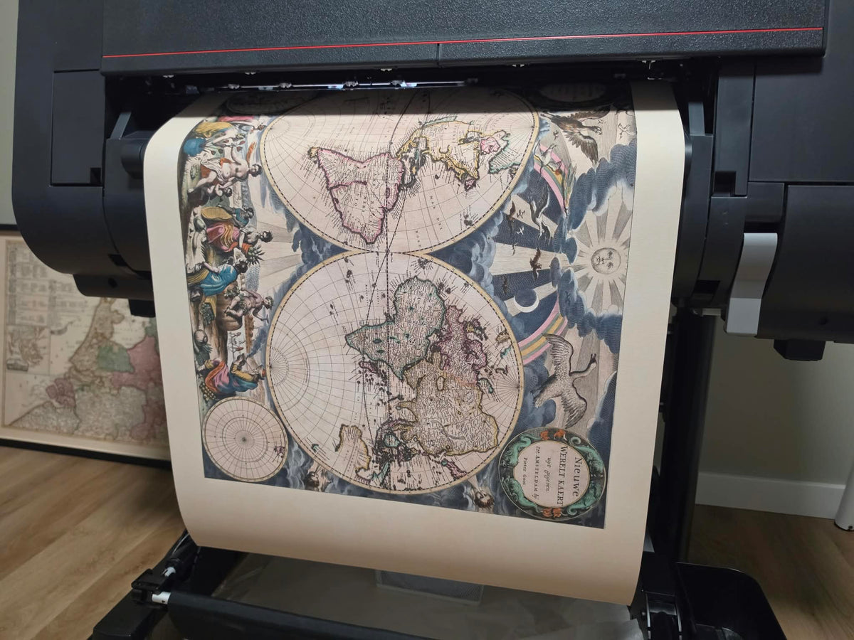 1667 Mapa świata Pietera Goosa - ze stylizowaną ilustracją i w stylu atlasu