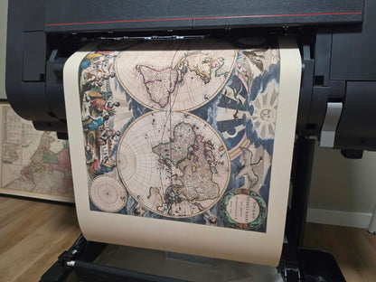 1667 Mapa świata Pietera Goosa - ze stylizowaną ilustracją i w stylu atlasu