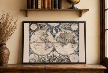 1667 Mapa świata Pietera Goosa - ze stylizowaną ilustracją i w stylu atlasu