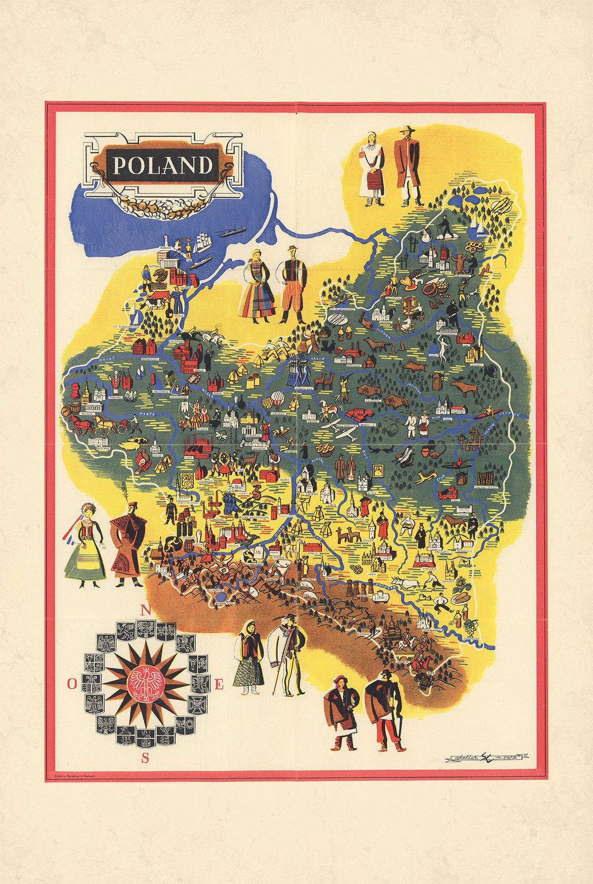 Polska 1935 - Atelier Mewa - Przedwojenna Ilustrowana Mapa Polski - Plakat