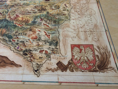 Mapa Polski 1938 - druk „Poloniae”, ilustracyjna mapa autorstwa Tadeusza Lipskiego i Eliasza Kanarka | vintage dekoracja ścienna z Wystawy Światowej