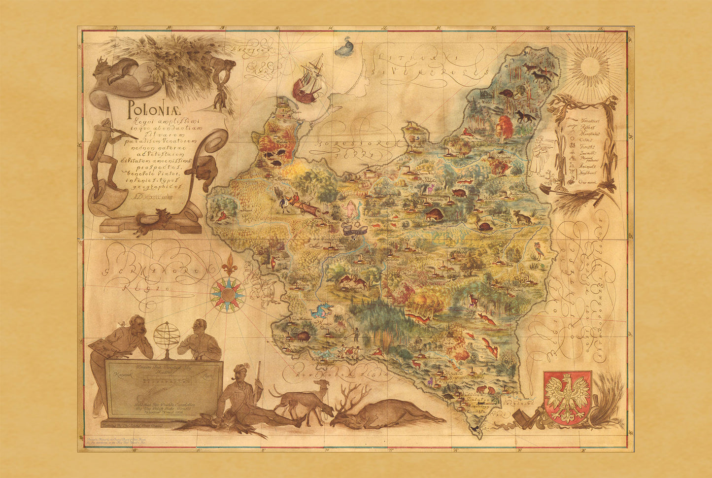 Mapa Polski 1938 - druk „Poloniae”, ilustracyjna mapa autorstwa Tadeusza Lipskiego i Eliasza Kanarka | vintage dekoracja ścienna z Wystawy Światowej