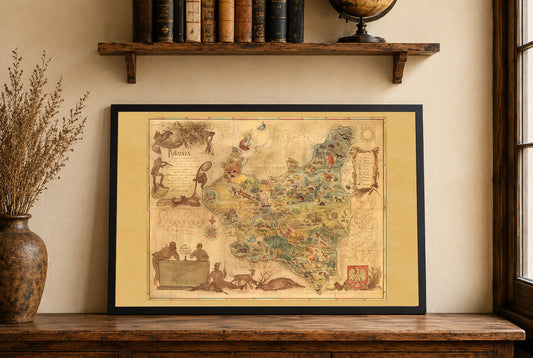 Mapa Polski 1938 - druk „Poloniae”, ilustracyjna mapa autorstwa Tadeusza Lipskiego i Eliasza Kanarka | vintage dekoracja ścienna z Wystawy Światowej