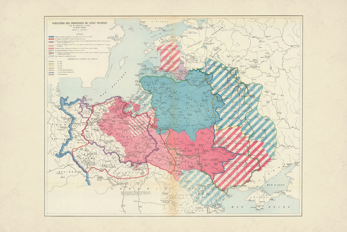 Zmiany Granic Polski X Wiek-1770 - Maurice Fallex - Historyczny Plakat z Mapą