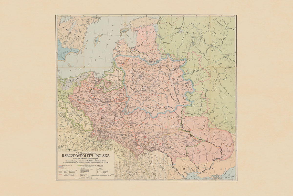 Rzeczpospolita Obojga Narodów 1582-1770 - Stefan Batory - Władysław Semkowicz - Plakat z Mapą