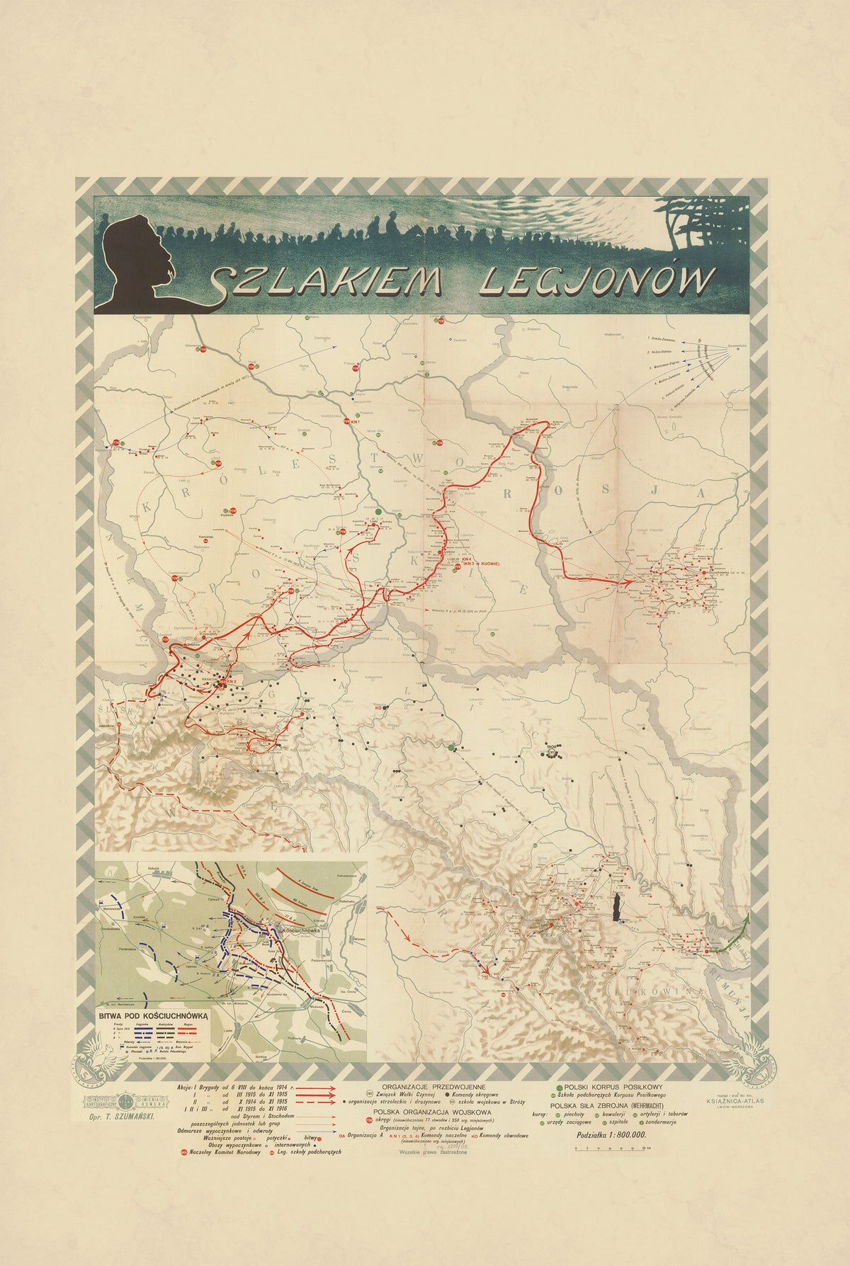 Szlakiem Legionów - Legiony Polskie 1914-1917 - Historyczny Plakat z Mapą