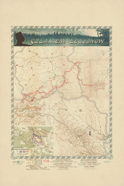 Szlakiem Legionów - Legiony Polskie 1914-1917 - Historyczny Plakat z Mapą