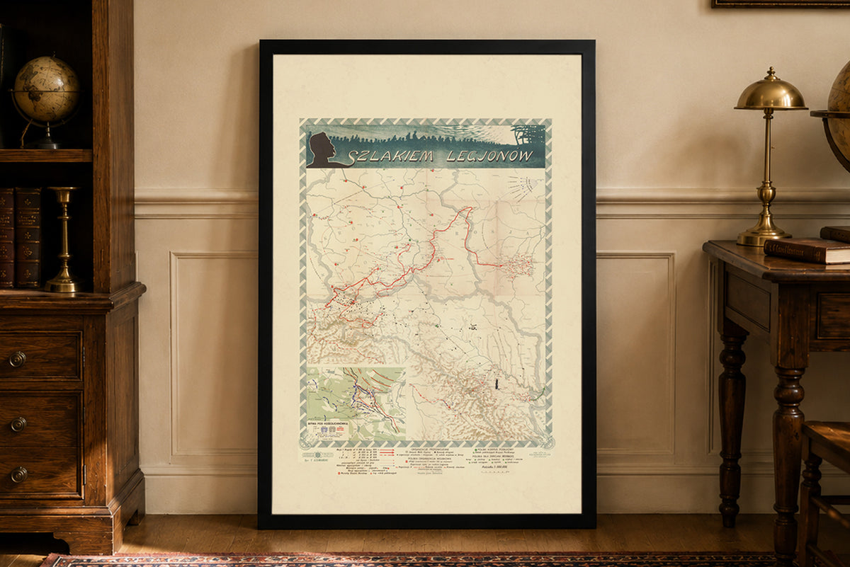 Szlakiem Legionów - Legiony Polskie 1914-1917 - Historyczny Plakat z Mapą