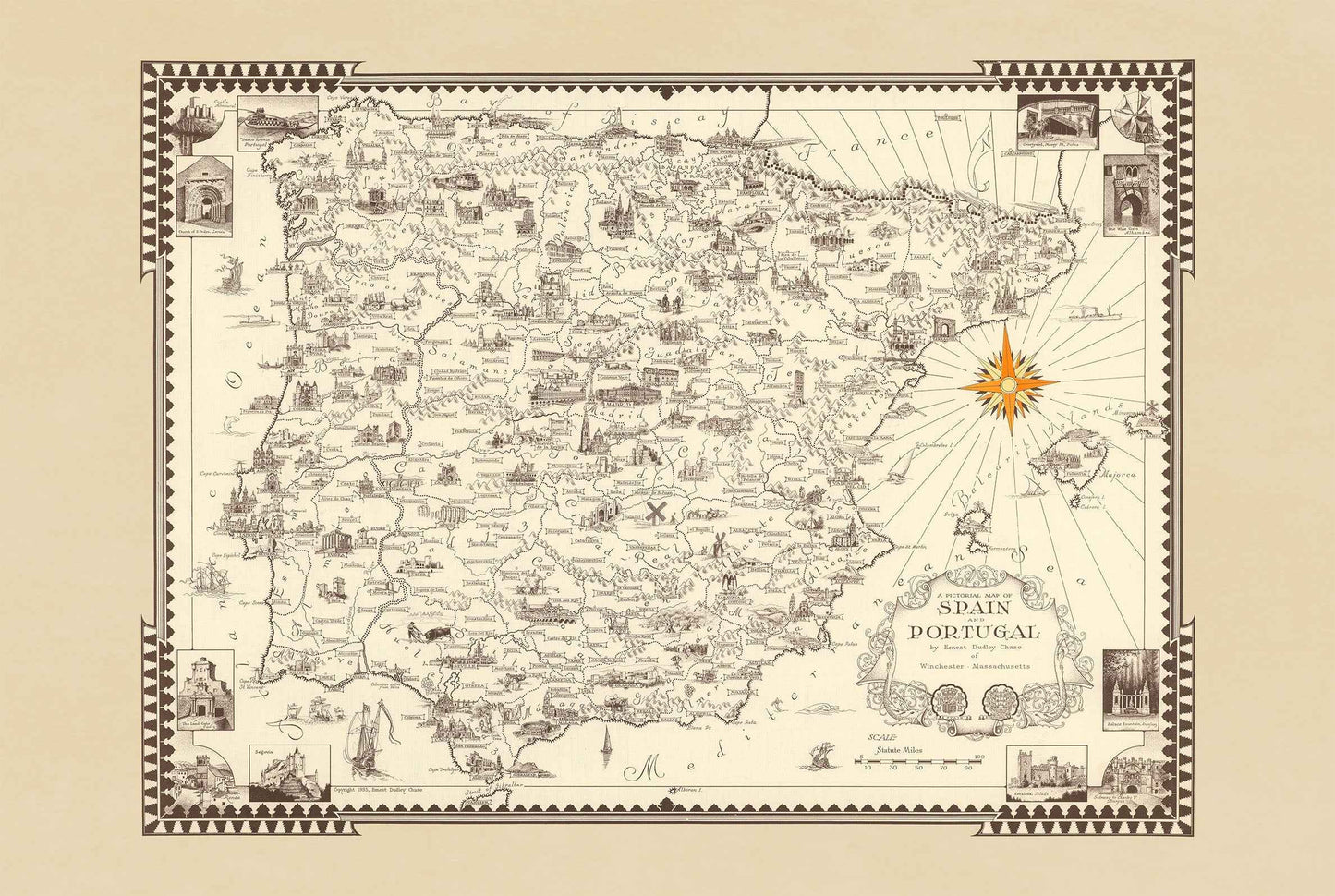 Spain & Portugal Pictorial Map Poster (1935) - Vintage Iberian Peninsula Wall Art