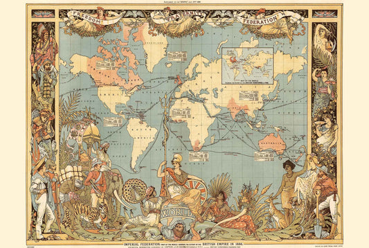 Victorian Era British Empire Map Poster (1886) Featuring Global Regions and Cultural Attire - Strategy Maps