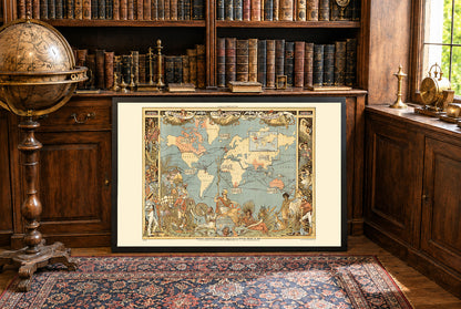 Victorian Era British Empire Map Poster (1886) Featuring Global Regions and Cultural Attire